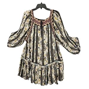 Free People Dance Magic Tunic Top Black Embroidery Aztec Muli-Colored Med